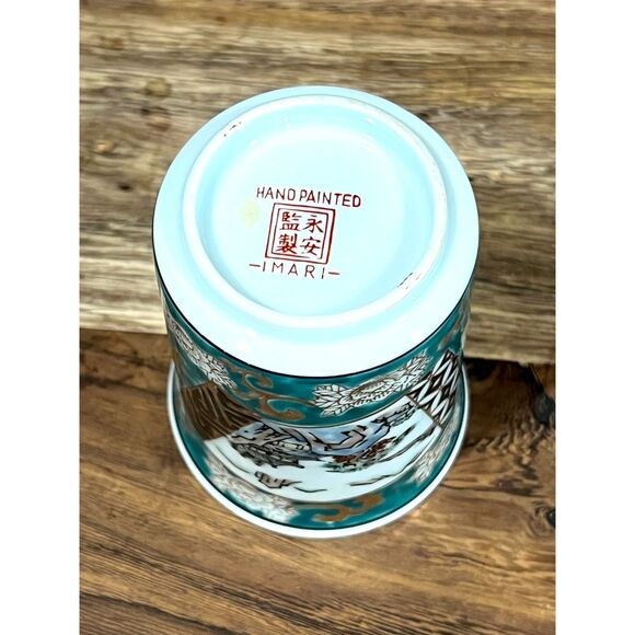 Vintage Hand Painted Imari Japan Lidded Yunomi Tea Cup & Saucer Turquoise Gold - Picture 5 of 9